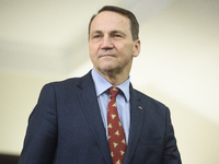 Poland's Minister of Foreign Affairs, Radoslaw Sikorski, arrives at the meeting with Ukraine's Foreign Affairs Minister, Andrii Sybiha, befo...