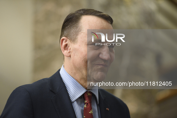 Poland's Minister of Foreign Affairs, Radoslaw Sikorski, arrives at the meeting with Ukraine's Foreign Affairs Minister, Andrii Sybiha, befo...