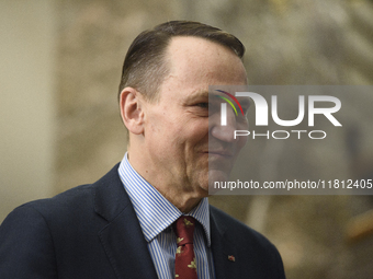 Poland's Minister of Foreign Affairs, Radoslaw Sikorski, arrives at the meeting with Ukraine's Foreign Affairs Minister, Andrii Sybiha, befo...