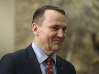 Poland's Minister of Foreign Affairs, Radoslaw Sikorski, arrives at the meeting with Ukraine's Foreign Affairs Minister, Andrii Sybiha, befo...