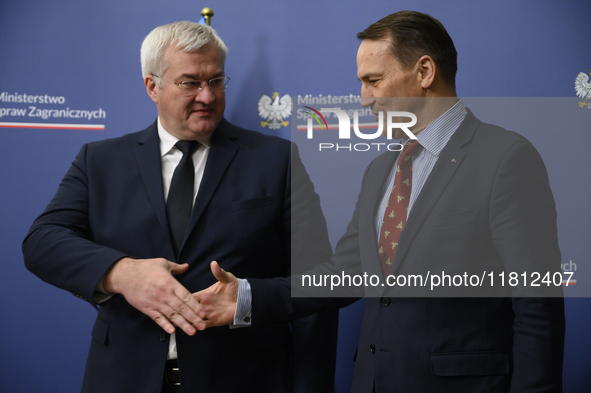 Poland's Minister of Foreign Affairs Radoslaw Sikorski (right) shakes hands with Ukraine's Foreign Affairs Minister Andrii Sybiha (left) bef...