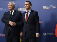 Poland's Minister of Foreign Affairs Radoslaw Sikorski (right) shakes hands with Ukraine's Foreign Affairs Minister Andrii Sybiha (left) bef...