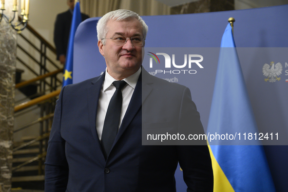 Ukraine's Foreign Affairs Minister Andrii Sybiha looks on before a press conference after talks with his Polish counterpart, Foreign Ministe...