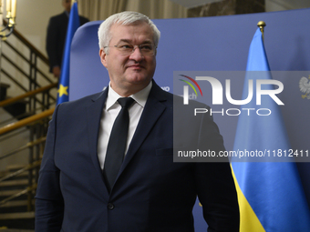 Ukraine's Foreign Affairs Minister Andrii Sybiha looks on before a press conference after talks with his Polish counterpart, Foreign Ministe...