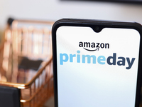 The Amazon Prime Day logo appears on the screen of a smartphone in Reno, United States, on November 26, 2024. (