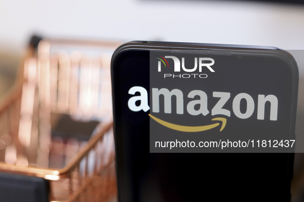 The Amazon logo appears on the screen of a smartphone in Reno, United States, on November 26, 2024. 