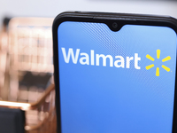 The Walmart logo appears on the screen of a smartphone in Reno, United States, on November 26, 2024. (