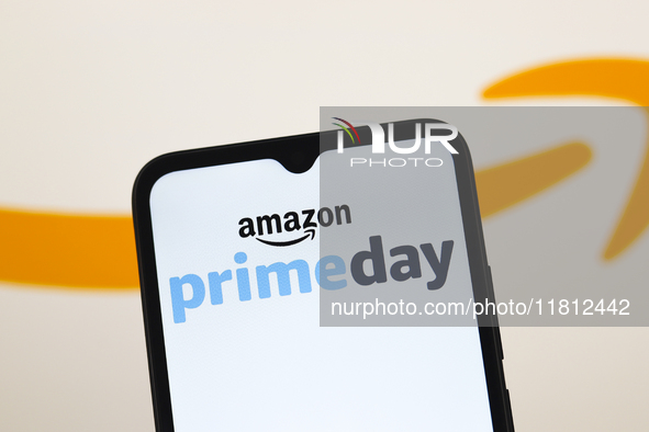 The Amazon Prime Day logo appears on the screen of a smartphone in Reno, United States, on November 26, 2024. 