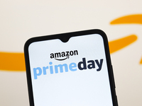 The Amazon Prime Day logo appears on the screen of a smartphone in Reno, United States, on November 26, 2024. (