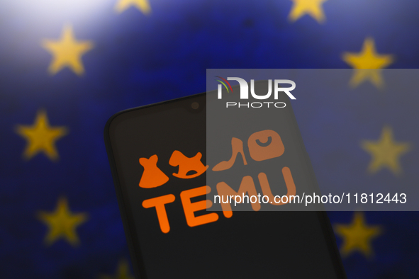 The Temu logo appears on the screen of a smartphone with the flag of the European Union (EU) in the background in Reno, United States, on No...