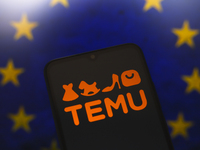 The Temu logo appears on the screen of a smartphone with the flag of the European Union (EU) in the background in Reno, United States, on No...