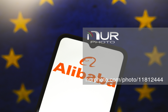 The Alibaba logo appears on the screen of a smartphone, and in the background, the flag of the European Union (EU) is visible in Reno, Unite...