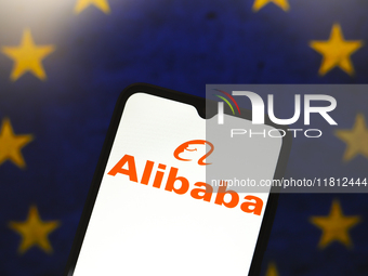 The Alibaba logo appears on the screen of a smartphone, and in the background, the flag of the European Union (EU) is visible in Reno, Unite...