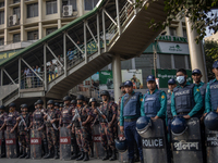 Border Guard Bangladesh (BGB) and police personnel stand guard to ensure law and order in Shahbagh, Dhaka, Bangladesh, on November 26, 2024....