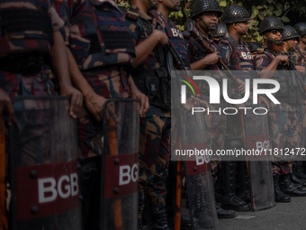 Border Guard Bangladesh (BGB) and police personnel stand guard to ensure law and order in Shahbagh, Dhaka, Bangladesh, on November 26, 2024....