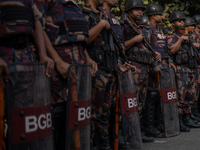 Border Guard Bangladesh (BGB) and police personnel stand guard to ensure law and order in Shahbagh, Dhaka, Bangladesh, on November 26, 2024....