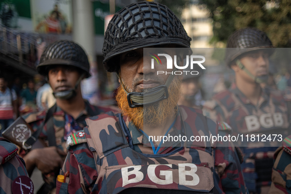 Border Guard Bangladesh (BGB) and police personnel stand guard to ensure law and order in Shahbagh, Dhaka, Bangladesh, on November 26, 2024....