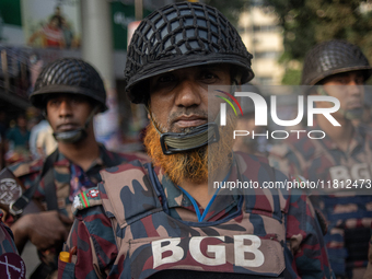 Border Guard Bangladesh (BGB) and police personnel stand guard to ensure law and order in Shahbagh, Dhaka, Bangladesh, on November 26, 2024....