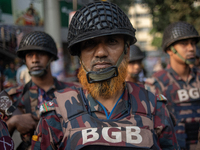 Border Guard Bangladesh (BGB) and police personnel stand guard to ensure law and order in Shahbagh, Dhaka, Bangladesh, on November 26, 2024....