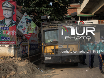 Border Guard Bangladesh (BGB) and police personnel stand guard to ensure law and order in Shahbagh, Dhaka, Bangladesh, on November 26, 2024....