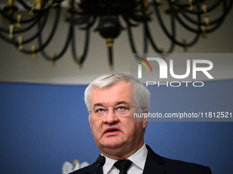 Ukrainian FM Andrii Sybiha is seen during his meeting with his Polish counterpart Radoslaw Sikorski at the Ministry of Foreign Affairs in Wa...