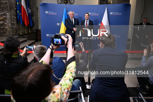 Ukrainian FM Andrii Sybiha (l) meets with his counterpart Radoslaw Sikorski (r) at the Ministry of Foreign Affairs in Warsaw, Poland on 26 N...