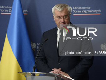 Ukraine's Foreign Affairs Minister Andrii Sybiha speaks during a press conference after talks with his Polish counterpart Radoslaw Sikorski...