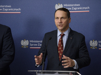 Poland's Minister of Foreign Affairs Radoslaw Sikorski gestures as he takes part in a press conference after talks with his Ukrainian counte...