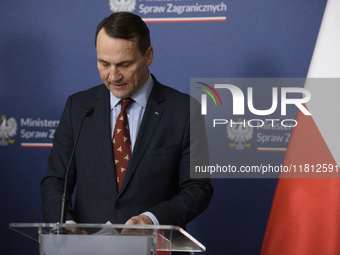 Poland's Minister of Foreign Affairs, Radoslaw Sikorski, looks at his notes as he takes part in a press conference after talks with his Ukra...