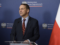 Poland's Minister of Foreign Affairs, Radoslaw Sikorski, speaks as he takes part in a press conference after talks with his Ukrainian counte...