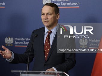 Poland's Minister of Foreign Affairs Radoslaw Sikorski gestures as he takes part in a press conference after talks with his Ukrainian counte...