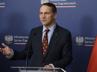 Poland's Minister of Foreign Affairs Radoslaw Sikorski gestures as he takes part in a press conference after talks with his Ukrainian counte...