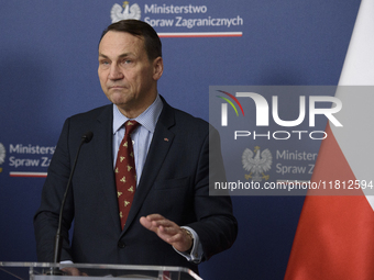 Poland's Minister of Foreign Affairs Radoslaw Sikorski gestures as he takes part in a press conference after talks with his Ukrainian counte...