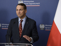 Poland's Minister of Foreign Affairs Radoslaw Sikorski gestures as he takes part in a press conference after talks with his Ukrainian counte...