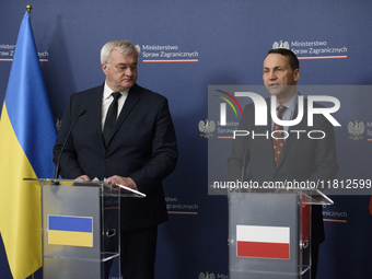 Ukraine's Foreign Affairs Minister Andrii Sybiha and Poland's Minister of Foreign Affairs Radoslaw Sikorski participate in a press conferenc...