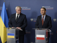 Ukraine's Foreign Affairs Minister Andrii Sybiha and Poland's Minister of Foreign Affairs Radoslaw Sikorski participate in a press conferenc...