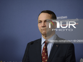 Poland's Minister of Foreign Affairs, Radoslaw Sikorski, looks on as he participates in a press conference after talks with his Ukrainian co...