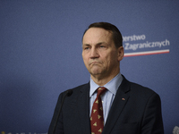 Poland's Minister of Foreign Affairs, Radoslaw Sikorski, looks on as he participates in a press conference after talks with his Ukrainian co...