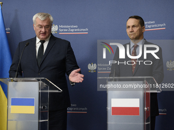 Ukraine's Foreign Affairs Minister Andrii Sybiha and Poland's Minister of Foreign Affairs Radoslaw Sikorski participate in a press conferenc...