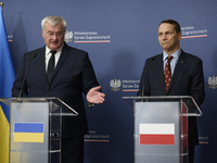 Ukraine's Foreign Affairs Minister Andrii Sybiha and Poland's Minister of Foreign Affairs Radoslaw Sikorski participate in a press conferenc...