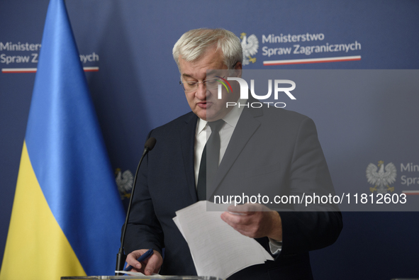 Ukraine's Foreign Affairs Minister Andrii Sybiha gestures as he participates in a press conference after talks with his Polish counterpart R...