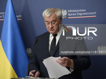 Ukraine's Foreign Affairs Minister Andrii Sybiha gestures as he participates in a press conference after talks with his Polish counterpart R...