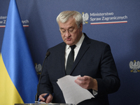 Ukraine's Foreign Affairs Minister Andrii Sybiha gestures as he participates in a press conference after talks with his Polish counterpart R...