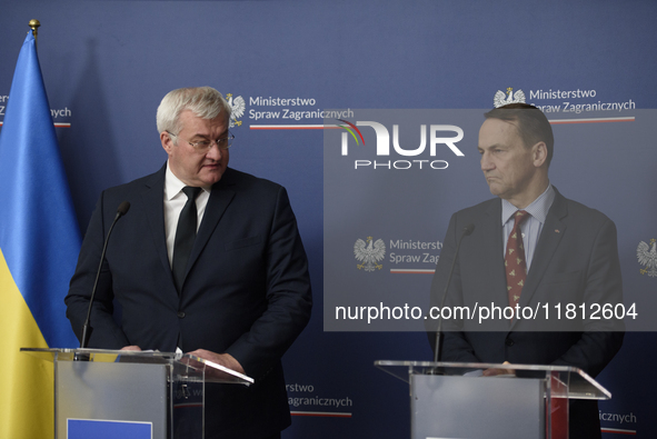 Ukraine's Foreign Affairs Minister Andrii Sybiha and Poland's Minister of Foreign Affairs Radoslaw Sikorski participate in a press conferenc...