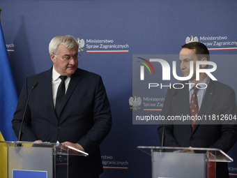 Ukraine's Foreign Affairs Minister Andrii Sybiha and Poland's Minister of Foreign Affairs Radoslaw Sikorski participate in a press conferenc...