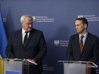 Ukraine's Foreign Affairs Minister Andrii Sybiha and Poland's Minister of Foreign Affairs Radoslaw Sikorski participate in a press conferenc...