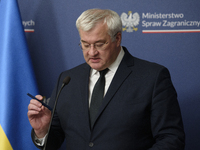 Ukraine's Foreign Affairs Minister Andrii Sybiha gestures as he participates in a press conference after talks with his Polish counterpart R...