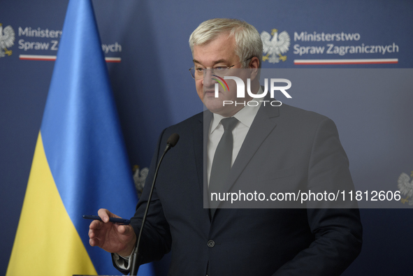 Ukraine's Foreign Affairs Minister Andrii Sybiha gestures as he participates in a press conference after talks with his Polish counterpart R...