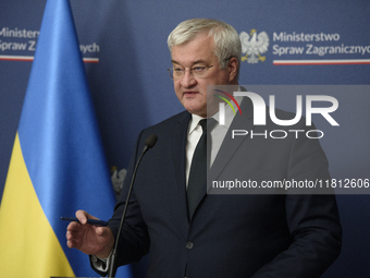 Ukraine's Foreign Affairs Minister Andrii Sybiha gestures as he participates in a press conference after talks with his Polish counterpart R...