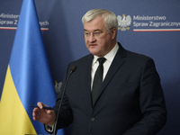 Ukraine's Foreign Affairs Minister Andrii Sybiha gestures as he participates in a press conference after talks with his Polish counterpart R...